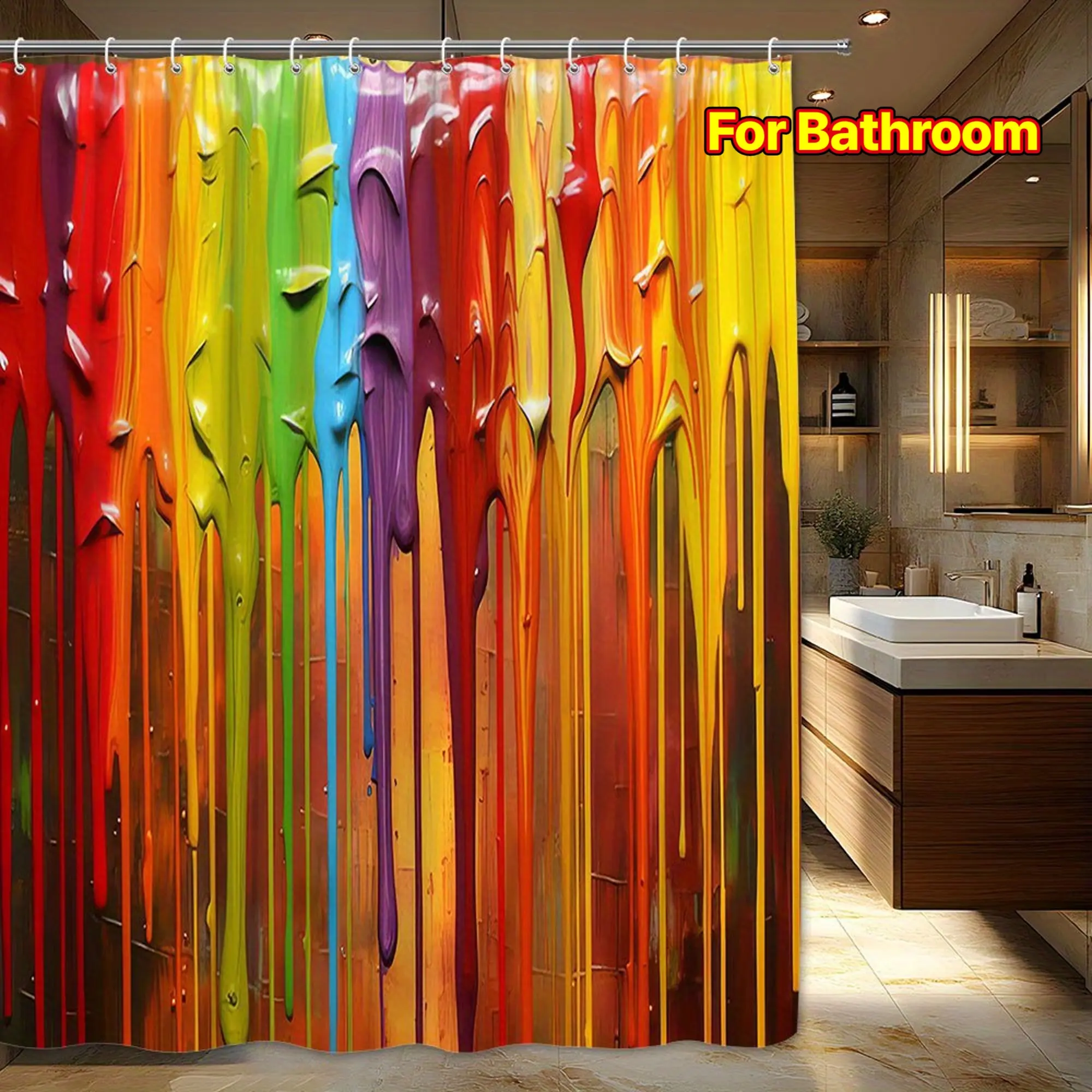 Colorful Bathroom Decor Shower Curtain with Rainbow Paint Drip Design, Bright Colors, Smooth Reflective Surface, 70x70 Inches, Includes 12 Hooks