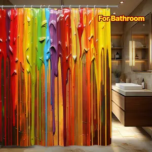 Colorful Shower Curtain with Rainbow Paint Drip Design, Bright Colors, Smooth Reflective Surface, 70x70 Inches, Includes 12 Hooks