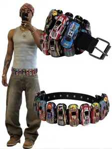 Handmade Colorblock Mini Racing Belt, Men's Vintage Y2K Punk Style, Street Fashion Accessory, Durable Buckle, Unisex Waistband, Durable Belts, Printed Belt
