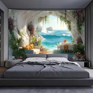 1pc Extra Large Cave Beach House Aesthetic Tapestry - Polyester Wall Hanging with Vibrant Ocean Scene, Perfect for Living Room, Bedroom, or Dorm Decor, Ideal Birthday Gift, Beach Theme Decor