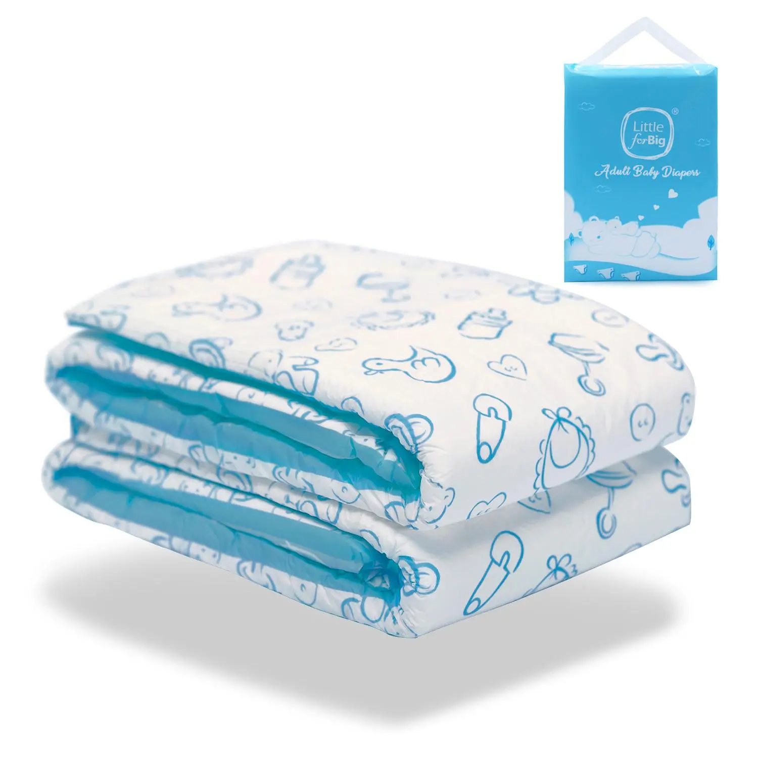 LITTLEFORBIG Nursery Print Briefs with High Absorbent Core for Secure Overnight Protection, 4500-5000mL, 2 Count, Diaper, Disposable Adult Diapers, Plastic, Large, Strong, Baby Print Design, 4500Ml-5000Ml