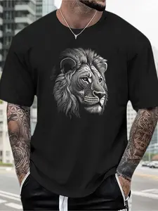 Men's Realistic Lion Head and Lion Face Graphic T-Shirt - Round Neck Short Sleeve Casual Tee with Lion Design, All-Season Comfort Fit for Everyday and Formal Wear, Machine Washable, Comfortable Casual and Smart-Casual Shirt