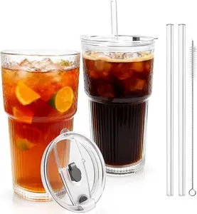 2 Pack 20oz Glass Tumblers with  and Straws - Drinking Glasses for Iced Coffee, Juices, Smoothies, , ,  and Latte - Ribbed Design & Thick Glass