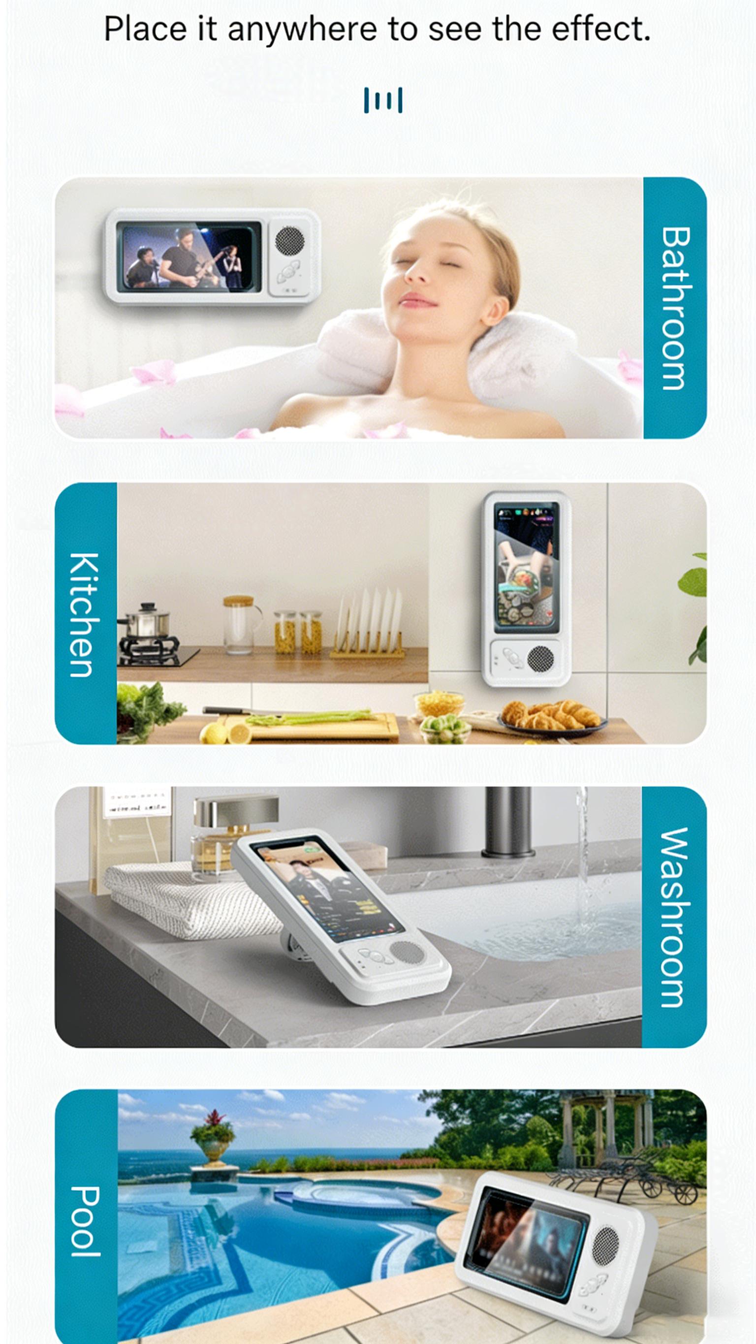 Waterproof Shower Phone Holder with Bluetooth Speaker, 360° Rotation Touch Screen Phone Box, Wall Mounted Anti-Fog Phone Case for Bathroom/Bathtub, Compatible with All Smartphones