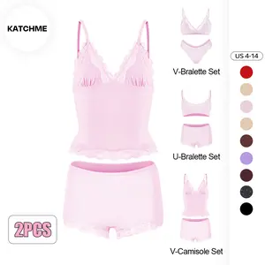 KatchMe Women's Elegant Lace Series Spaghetti Strap Lace Trim Wirefree Breathable Bralette & Panties Set (2), Basic Underwear Set, Two Piece Outfits