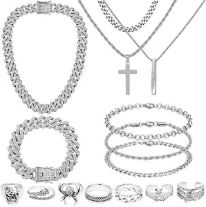 15PCS Silver Jewelry Set for Men – Stainless Steel Cuban Link Chain, Bracelet, Cross Pendant & Vintage Rings Unisex Set