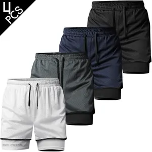4PCS, Men's casual breathable mesh solid color athletic shorts with a faux two-piece design, perfect for summer wear.