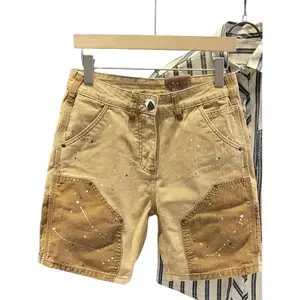 Flarise  Grid Wardrobe Retro Stitch Denim Cargo Shorts Men Color Block Wash Low Waist Wide Leg Cropped Jeans Summer Casual Clothes