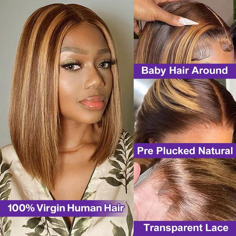 Hihmarm Ombre 4/27 Bob Wig Human Hair Highlight Honey Blonde Lace Frontal Bob Wigs 13x4 Straight Transparent Lace Front Wig Short Wig Human Hair Pre Plucked 14 Inch