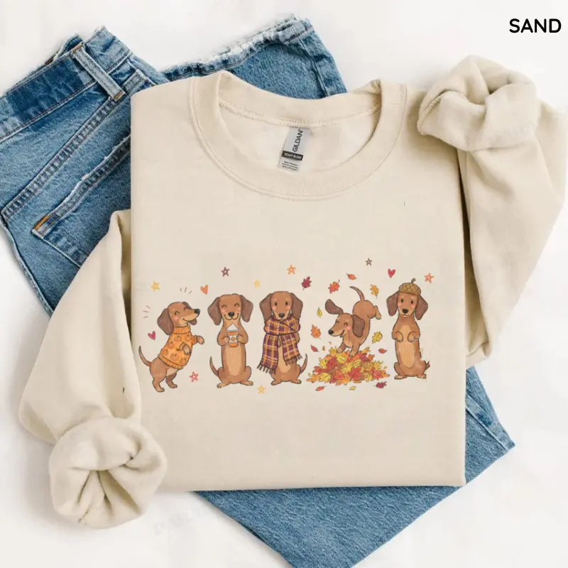 Fall Dachshund Sweatshirt Doodle Crew Cute Wiener Dog, Cozy Autumn Dog Mom, Doxie Dog Owner Shirt