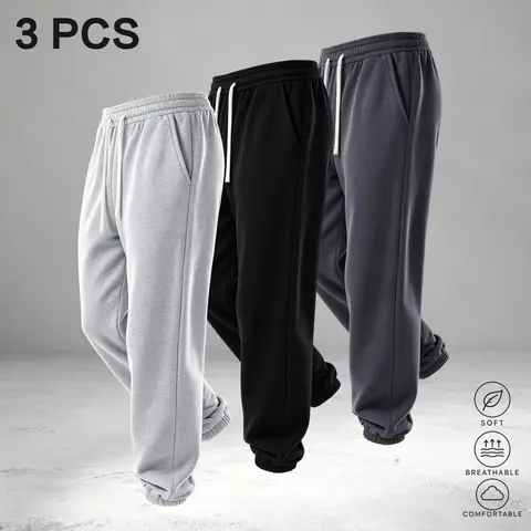 Men’s basic slim-fit athletic sweatpants, 3-pack; loose, flowy casual long pants that are comfortable and skin-friendly, suitable for commuting and light jogging.