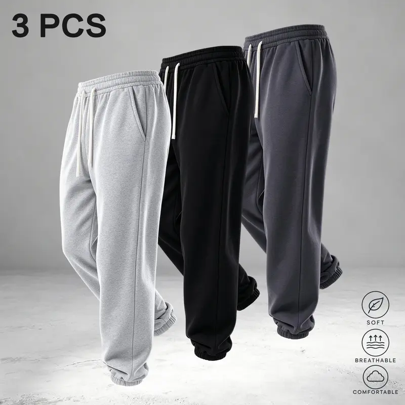 Men’s basic slim-fit athletic sweatpants, 3-pack; loose, flowy casual long pants that are comfortable and skin-friendly, suitable for commuting and light jogging.