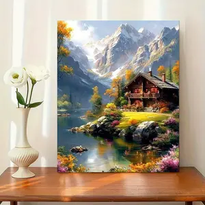 1PCS Lakeside Wooden House, 16x20 Inch, Frameless, Suitable for Art Students DIY Digital Painting Kit, Professional Paintings, Paint by Numbers, Handcraft Art Set, Acrylic Painting, Diy Decorative Painting, For Home Wall Decoration and Gifts