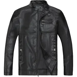 Men's Stand Collar Leather Jacket Motorcycle Lightweight Faux Leather OutwearGift