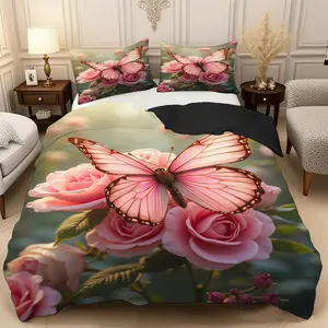 2/3 Pcs Pink Butterfly,Rose Duvet Cover Set,High-Definition Digital Printed Bedding Set(1* Duvet Cover+1/2* Pillowcase,No Filling)100% Polyester Fiber Soft,Breathable Bedroom,Guest Room Decoration,Machine Washable,Perfect Holiday Gift