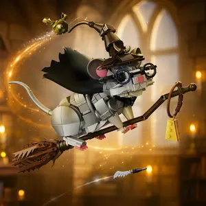 Wizard Apprentice Mouse Building Set | 676PCS Flying Magic Mouse Action Figure, Gravity-Defying Broom & Crystal Stand, Dark Academia Desk Decor, Fantasy Gift for Teens & Adults