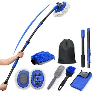 15?Curved  Wash Brush with Long Handle Kit, 55-Inch 4-Section Extendable Pole with Replacement , Chenille Mitt, Tire & Wheel Hub Brushes, Towel, Storage Bag for , RV,  [Scratch Free]