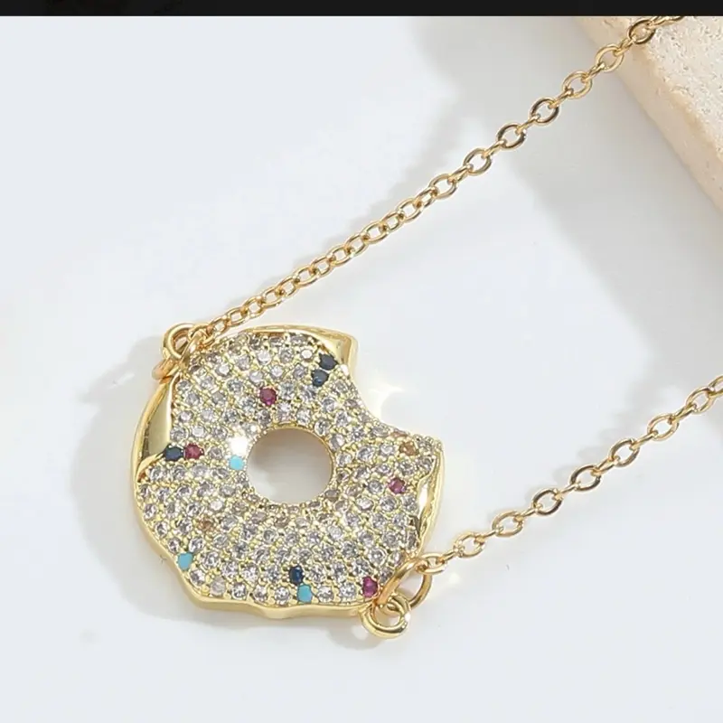 Fun Donut Zirconia Necklace, Stainless Steel, Hypoallergenic Jewelry