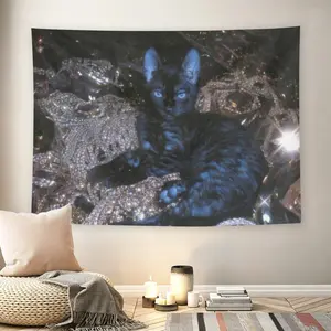 Black Cat In Diamonds Wall Flag, Sparkly Dark Aesthetic, Mid-century Modern Black Flash Manga Style, Y2K Grunge Vibe, For Adult Fans, Gothic Animal Decor, Bedroom, Living Room, Luxurious Edgy Tapestry