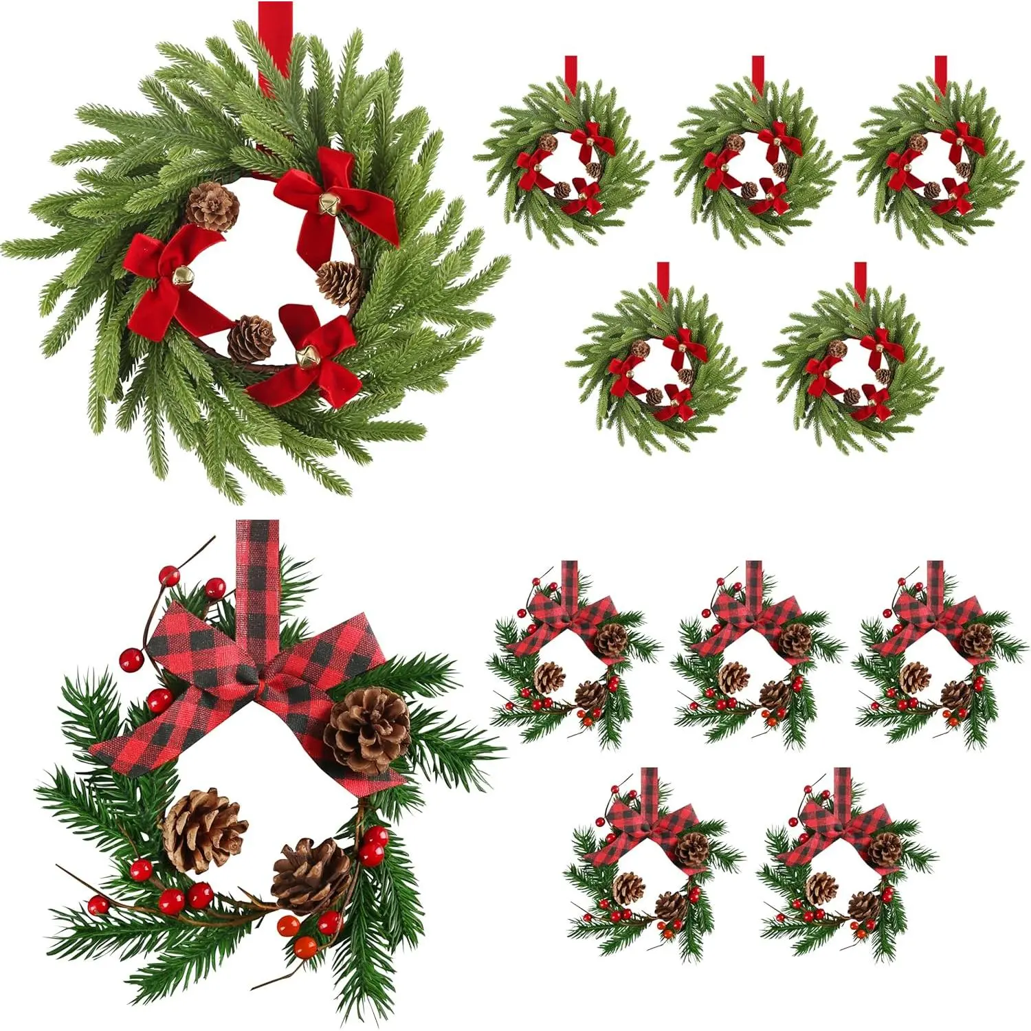 12 count Mini Christmas Kitchen Cabinet Wreaths with Ribbon, 2 Styles Hanging Christmas Wreath, Small Kitchen Xmas Decoration for Fireplace Kitchen Door Stair Window