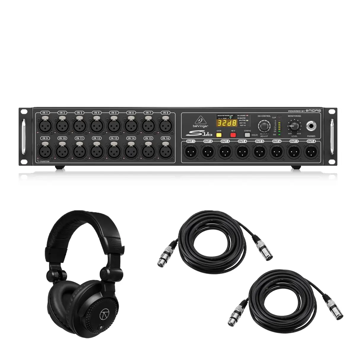 Behringer S16 Digital I/O Stage Box with 16x Remote-Controllable Midas Preamps, Remote Control Audio Gear Bundle with TAPH100 Headphones, 2x 25' XLR Microphone Cables, USB Port
