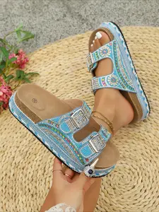 Retro Ethnic Rhinestone Buckle Platform Slippers, Women's Summer Woven Non-Slip Slides, Wedge Sandals for Height Boost & Vacation, Colorful Platform Sandals