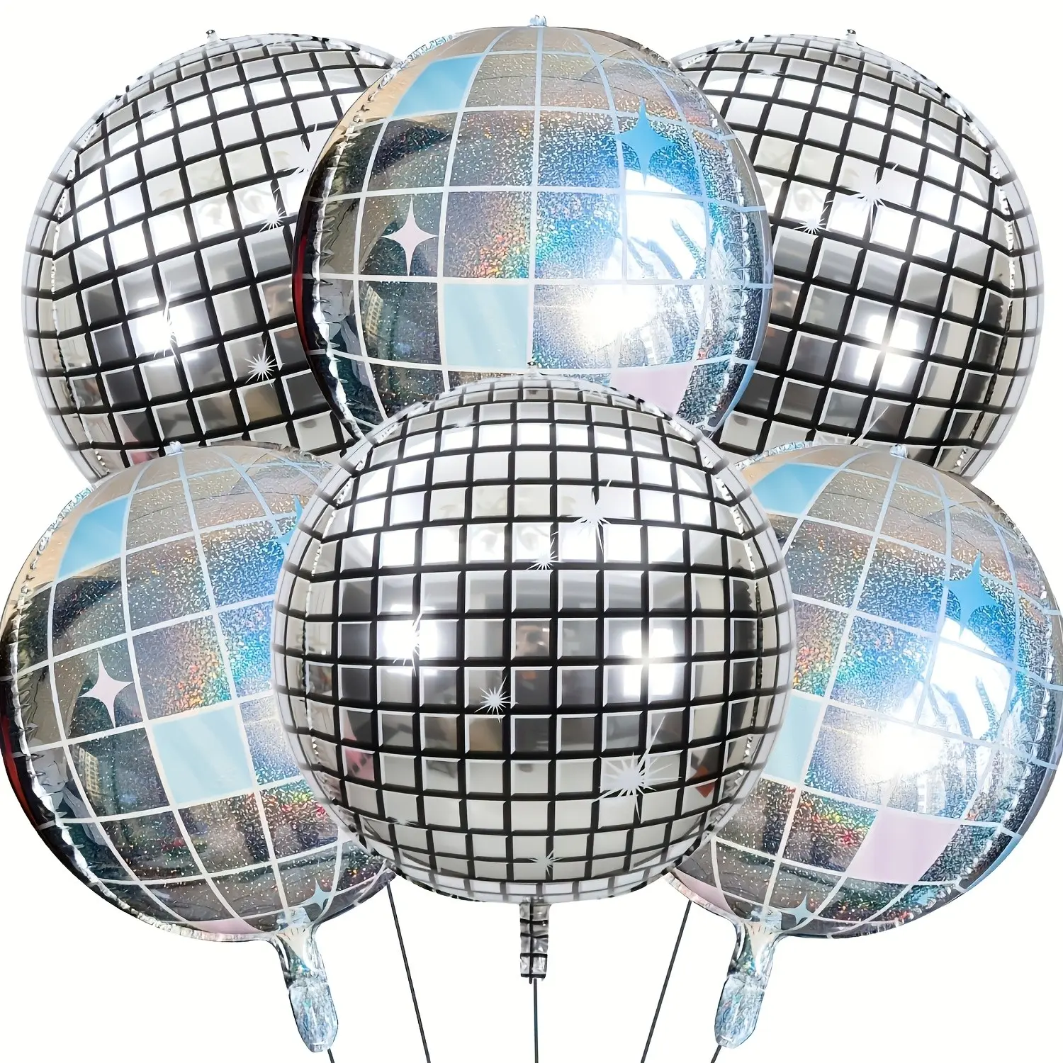 6pcs 22 Inch Silver Color Disco Ball and -Blue Two-Tone Balloons Set, Balloon Decorations Kit, 4D Stereo Disco Balloons, Metallic Balloons for 70s Retro Disco Theme Party Decorations
