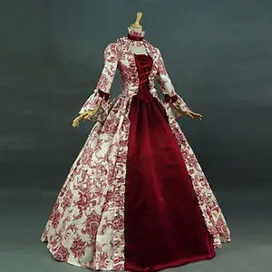 Women Lace-Up Medieval Dress with Ruffles & Bow – Vintage Victorian Carnival Maxi Dress, Floral Patchwork Fairy Long Dress