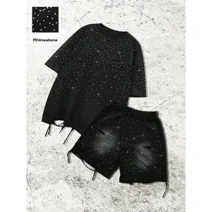 Men's Graphic Print Casual T-Shirt and Shorts Set, Rhinestone Decor and Ripped Details, Fashion Streetwear for All Seasons