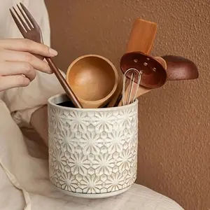 Vintage Ceramic Kitchen Utensil Organizer, Relief Spoon Fork Chopstick Holder, Elegant Floral Pattern Decorative Storage Box