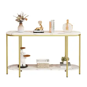  [Bellemave] 2-Tier Oval Console Table| White Faux Marble Top| Gold Metal Frame| Narrow Entryway Sofa Table for Hallway & Living Room﻿