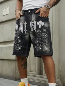 Grunge Hip-Hop Aesthetic Denim Embroidered Jeans Shorts with All-Over Rhinestone Paisley & SAINT Gothic Lettering - Ultimate Sparkle Streetwear Flex