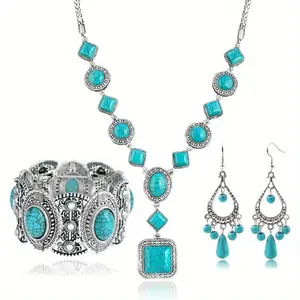4pcs Necklace Set Women's Jewelry with Long Choker, Pendant, Dangle Earrings, Layered Western Bracelets Synthetic turquoise