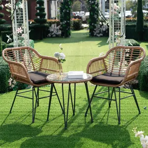 3 Piece Outdoor Wicker Furniture Bistro Set, Rattan Chairs Conversation Sets Wicker Patio Furniture for Balcony Poolside Backyard