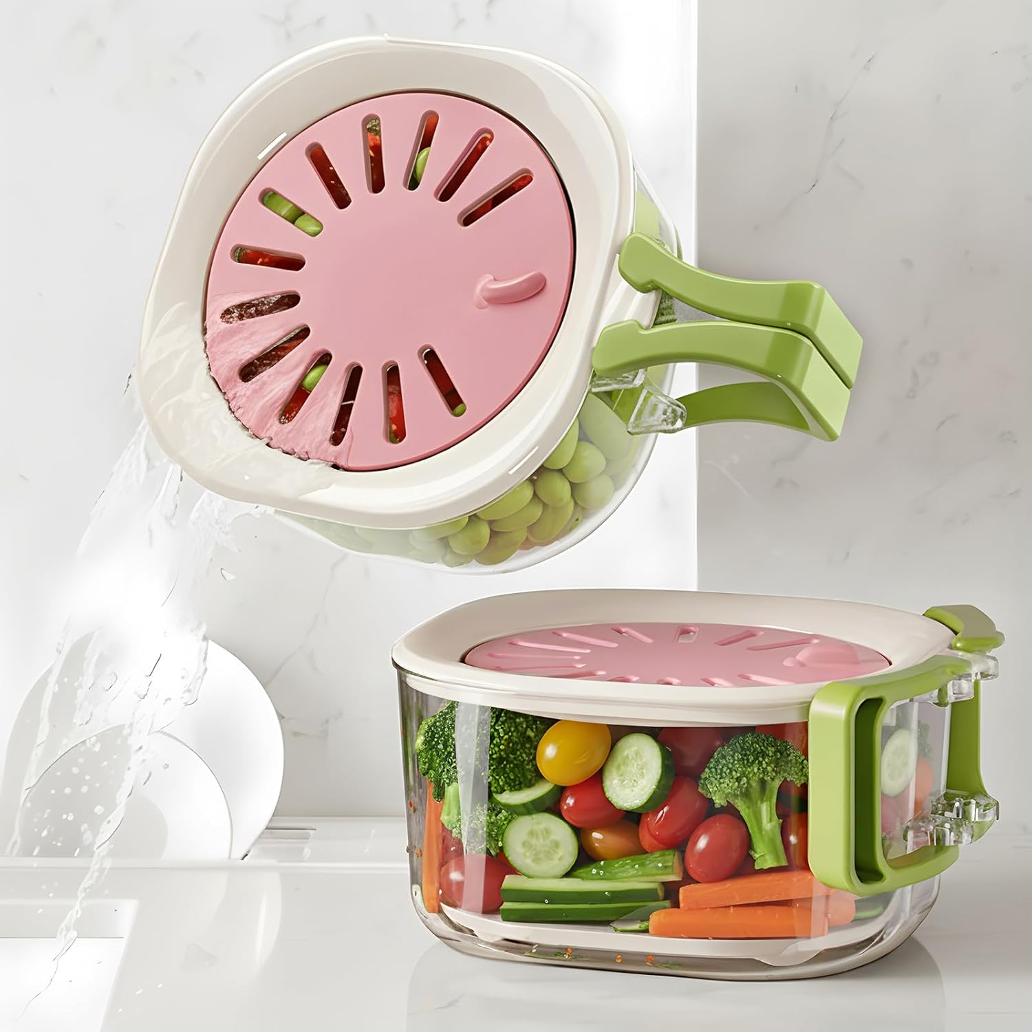 Fruit Vegetable Washing Bowl with Strainer, Berry Lettuce Keeper for Fridge Refrigerator Organization, Portable Colander for Kitchen Fridge, Drainer Container With Lid, 2 Pack (Pink)