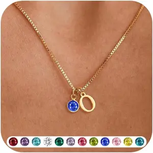 Birthstone Necklaces for Women Trendy Gold Plated Letter initial Necklace Dainty Birthstone Pendant Name Necklace Personalized Birthday Christmas Gifts for Women Jewelry