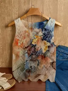 New Summer Autumn Retro Feng Shui Colorful Maple Leaf Print V-Neck Hollow Out Knit Tank Top, Loose Fit Sleeveless Women's Top