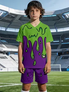 Purple-green gradient slime boys' V-neck sports short-sleeve and short set, 100% polyester, casual and loose fit, featuring summer casual, fashionable and interesting printed patterns. Suitable for summer outdoor physical activities and daily casual wear,