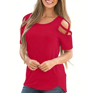 Elegant Style, Women's Plus Size Off-Shoulder T-Shirt - Elegant Black, Short Sleeve, Round Neck with Cut-Out Detail, Stretchy Polyester Blend, Machine Washable, Plus Size Blouses