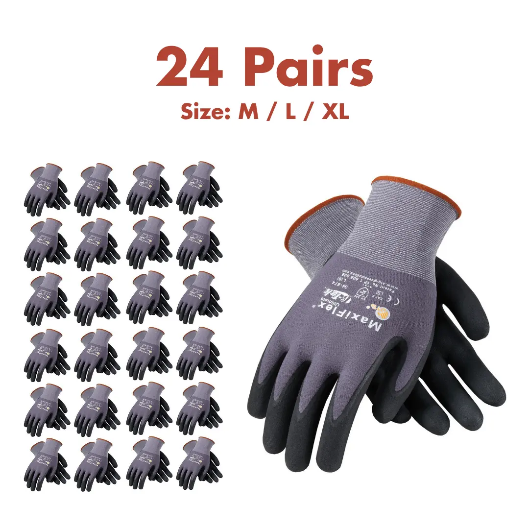6 - 12 - 24 Pairs MaxiFlex Work Gloves – Guantes Para Trabajo MaxiFlex – Micro-Foam Nitrile Coated – Breathable, Durable, Anti-Slip for Construction, Gardening