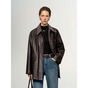 Shirt-Collar Drawstring Leather Jacket