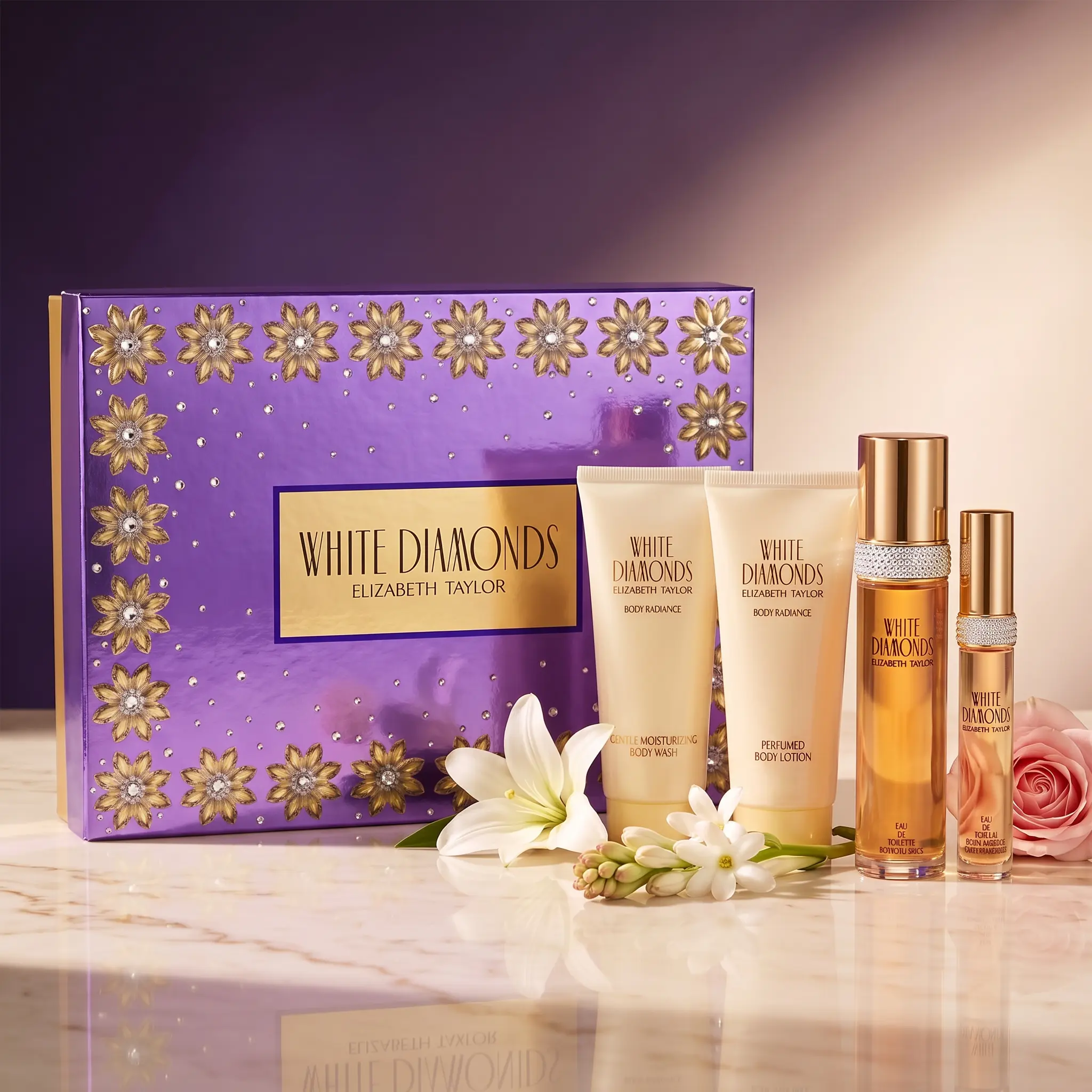 Elizabeth Taylor White Diamonds Gift Set for Women - 3.3oz EDT Spray, 3.3oz Body Wash, 3.3oz Lotion, 10ml Mini Spray - Floral Fragrance, Travel-Friendly, Skin Repair Scent