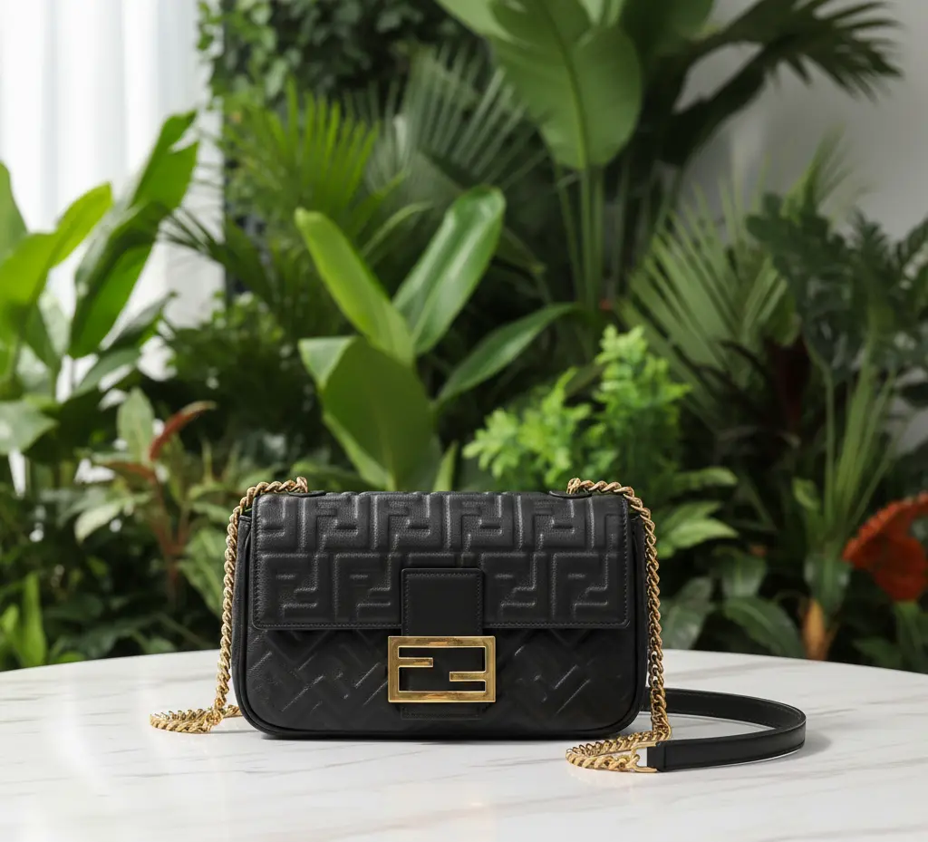Pre-owned FENDI Leather Crossbody Bags Black Embossed Chain Midi Baguette
