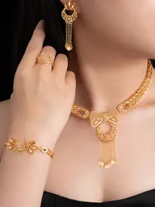 5-Piece French Romantic Dubai Luxury Fashion Jewelry Set, Wear-Resistant Stretchable Copper Material, Wedding Holiday Gift Box Included