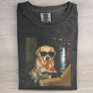 Golden Retriever Pizza Vintage T-Shirt, Sunglasses Dog Eating Slice Graphic Tee, Retro Foodie Animal Streetwear Comfort, Pizza Night Party Dog Shirt, Animal Lover Gift