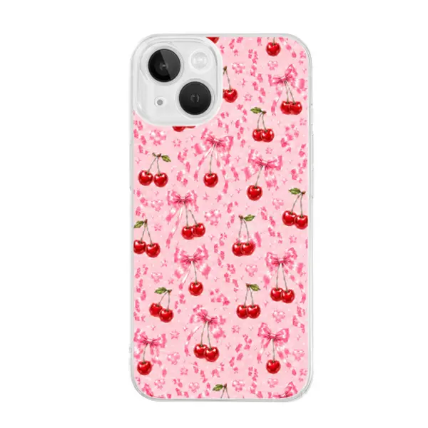 Cute Cherry Bow Clear Phone Case, Pink Coquette Aesthetic Transparent Case, Glossy Cherry Ribbon Pattern, Slim Protective Cover for iPhone, Girly Phone Accessories & Gift