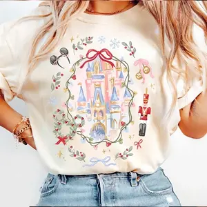 Cute Coquette Bow Castle Christmas Shirt, Cartoon Very Merry Christmas Party Girl Trip Shirt, Christmas Family Matching Shirts, Trendy Holiday Graphic Tee