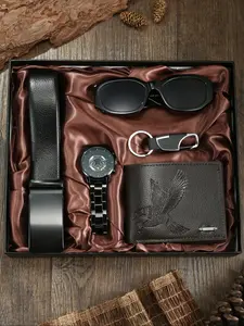 Men's Quartz Watch Set with Alloy Strap, Classic Style Analog Wristwatch Gift Box Men Accessories Includes Wallet, Glasses, Keychain, Belt & Free Friendship Gift
