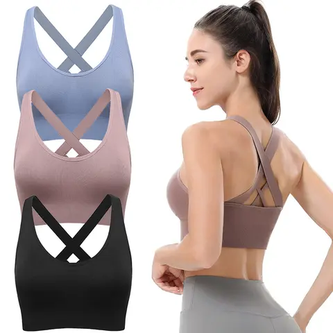 Women's Workout Ribbed Sports Bra - Strappy Criss Cross Back, Padded Adjustable Removable Pads, Light Compression, Quick Dry Fitted Activewear for Yoga, Running