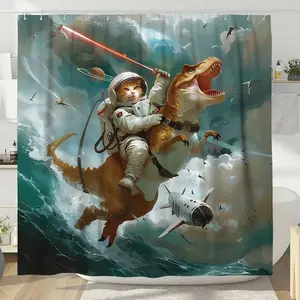 【Quick Arrival】Cat in spacesuit riding dinosaur surfing pattern design shower curtain, perfect for bathroom decoration, made of durable polyester material, multiple sizes to choose from, easy to care for, machine washable, free shower curtain hook